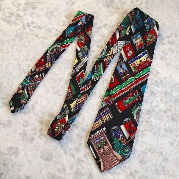 VTG 90s Nicole Miller Christmas In The City Print Hand Sewn Silk Neck Tie - Picture 4 of 14